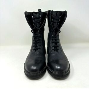 ZARA Black Leather Lace up Combat Boots Size 40 US 9 Biker Moto Punk